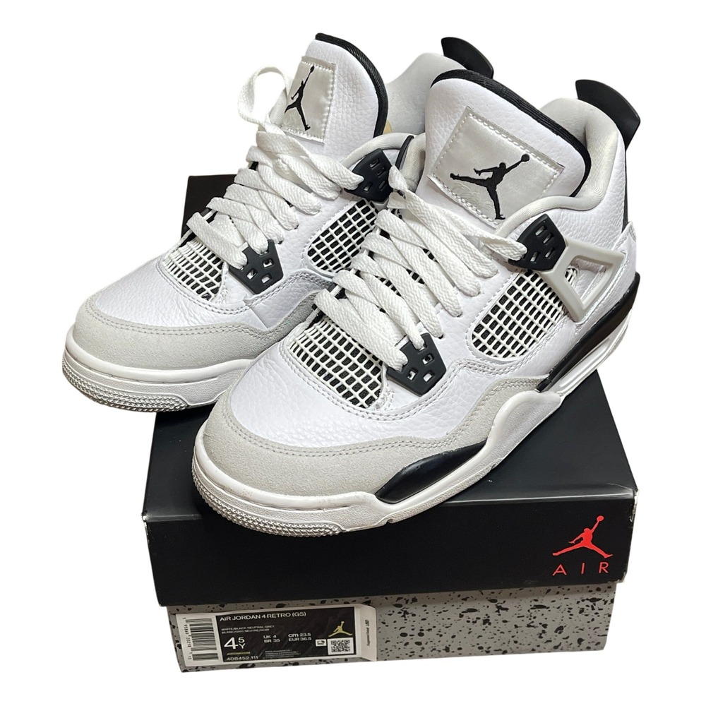 Air Jordan 4 Retro GS White‎ Black Neutral Grey Youth Sneakers Size 4.5Y